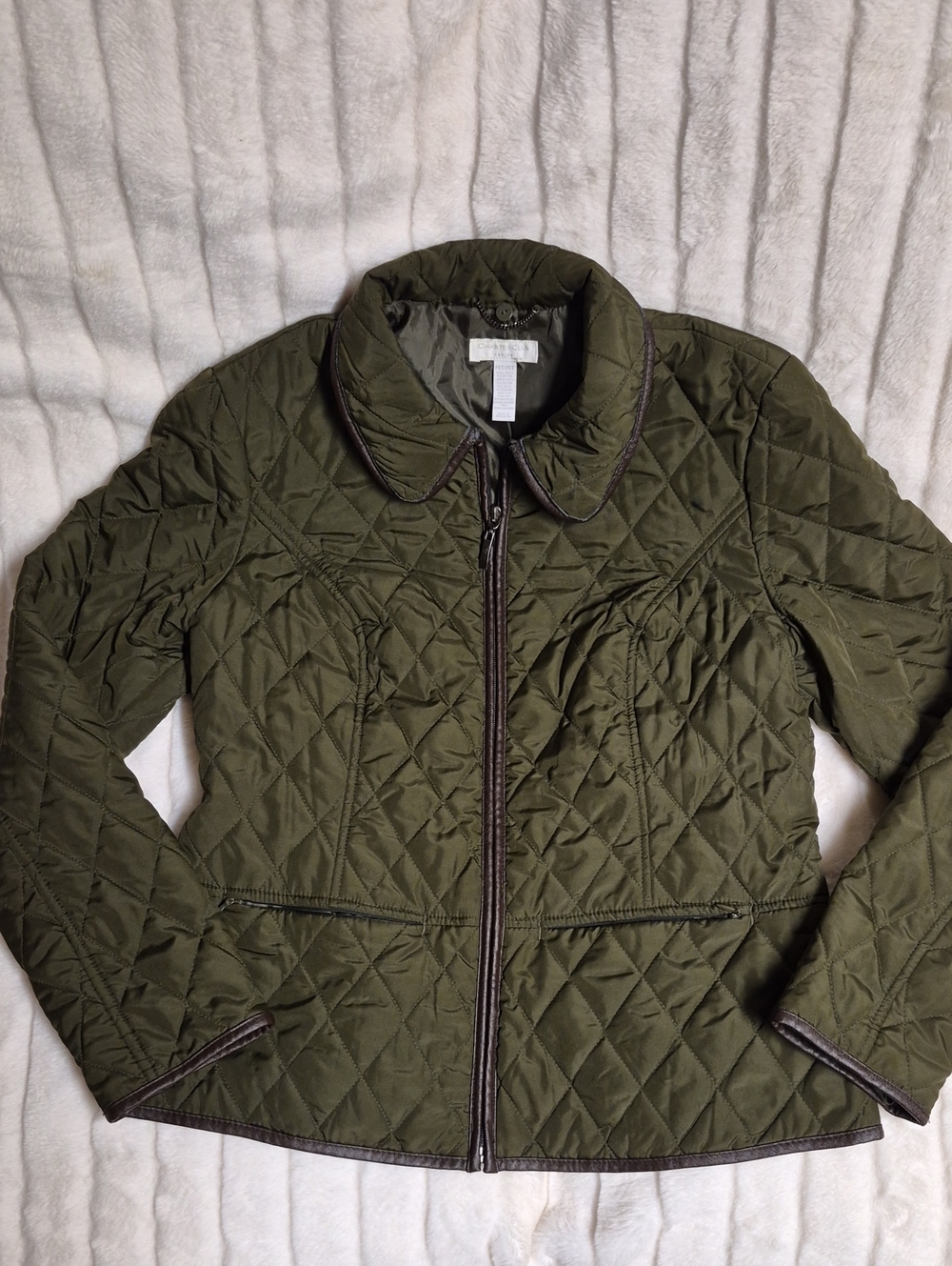 Charter Club Petite Olive Quilted Zip Jacket with Dark Trim